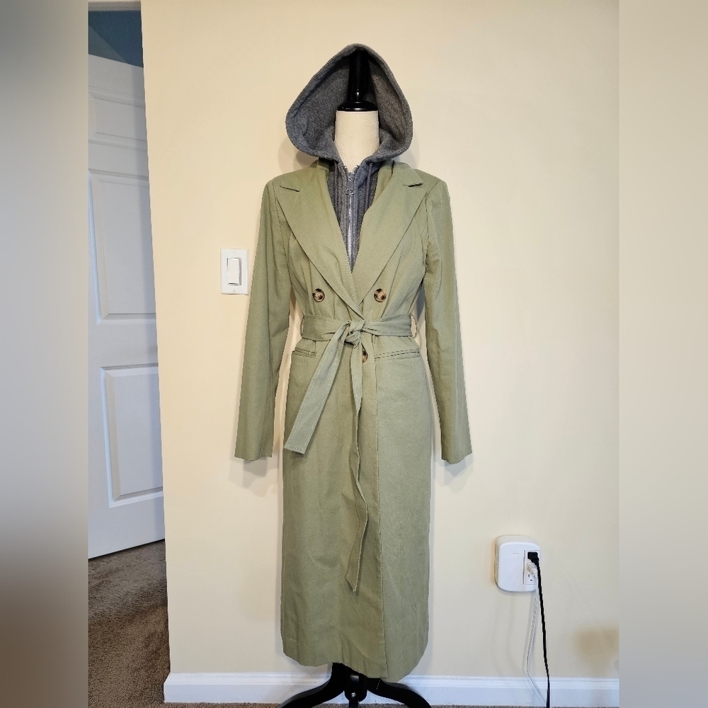 7 For All Mankind belted Trench Coat Green with Removable Hoodie size M